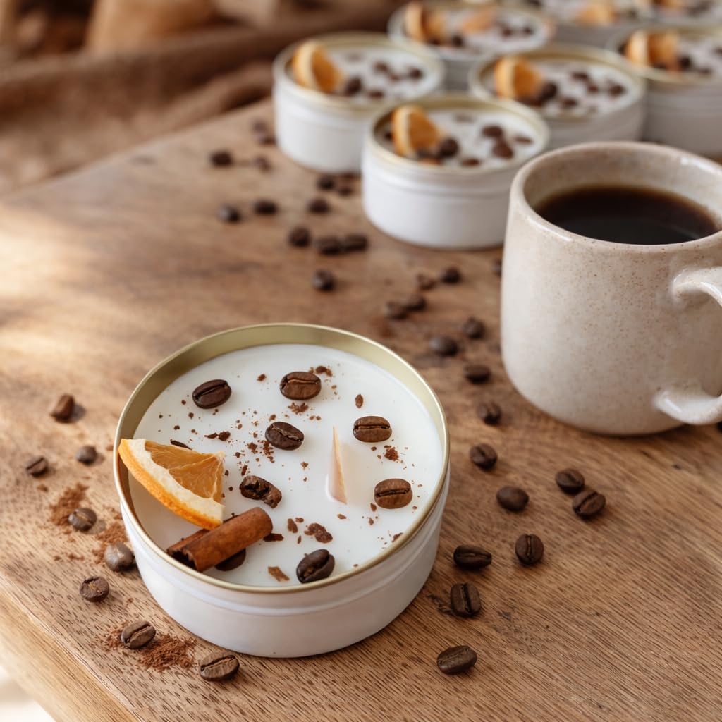 Personalized Coffee Scented Soy Wax Candle Favors with Cinnamon Stick & Dried Orange – Rustic Wedding, Bridal & Baby Shower, Birthday, Christmas Event Gifts (10–200 Bulk Available)