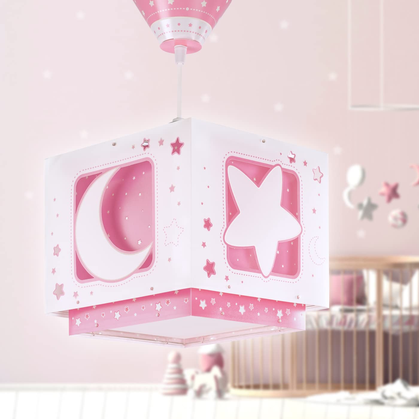 Dalber Lampe kinderzimmer, kinderlampe Pendelleuchte Hängelampe, Deckenleuchte Kinder, Deckenlampe kinderzimmer, Mond und Sterne Rosa MoonLight, 63232S, E27
