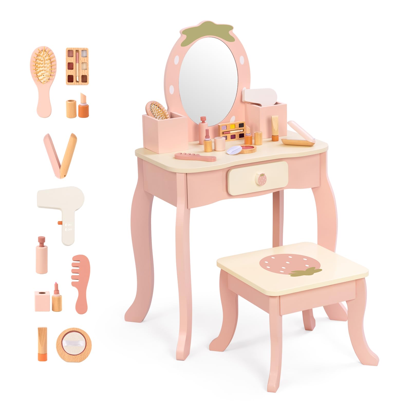 OOOK Toddler Vanity for 3 Year Old, Kids Vanity with Pretend Makeup Accessories, Makeup Table for Kids with Drawer, Pink