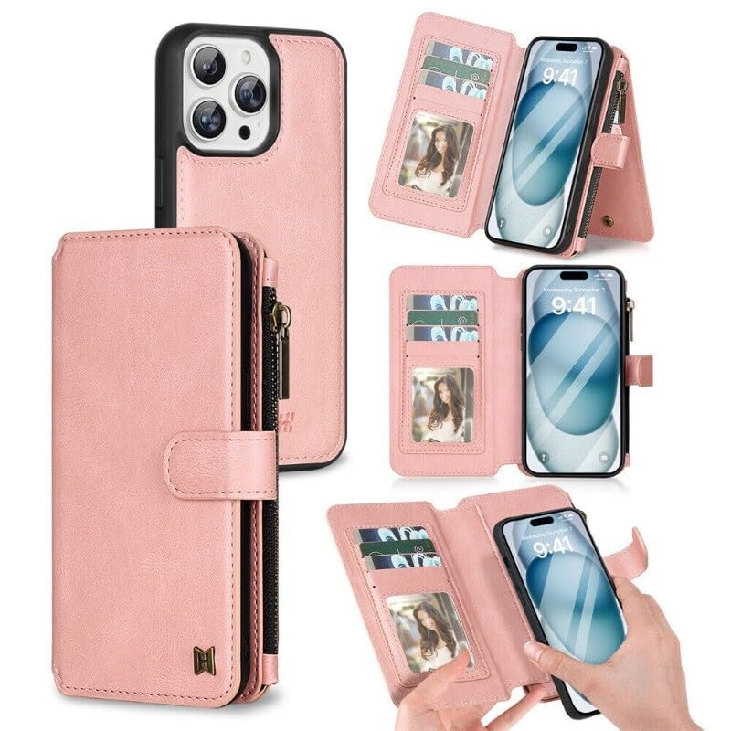 Étui en cuir iPhone 12 rabat portefeuille multifonction rose anti-choc 6.1 pouces