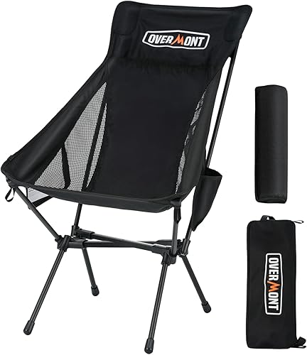 Overmont Silla de camping portátil de respaldo alto, soporte de 440 libras, silla plegable ligera de gran tamaño para adultos, compacta con almohada