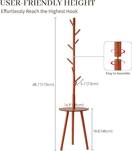 Miniatura 2 de Perchero de madera independiente con mesa redonda y 8 ganchos, organizador de árbol para ropa, sombreros, bolsos, fácil montaje que ahorra espacio