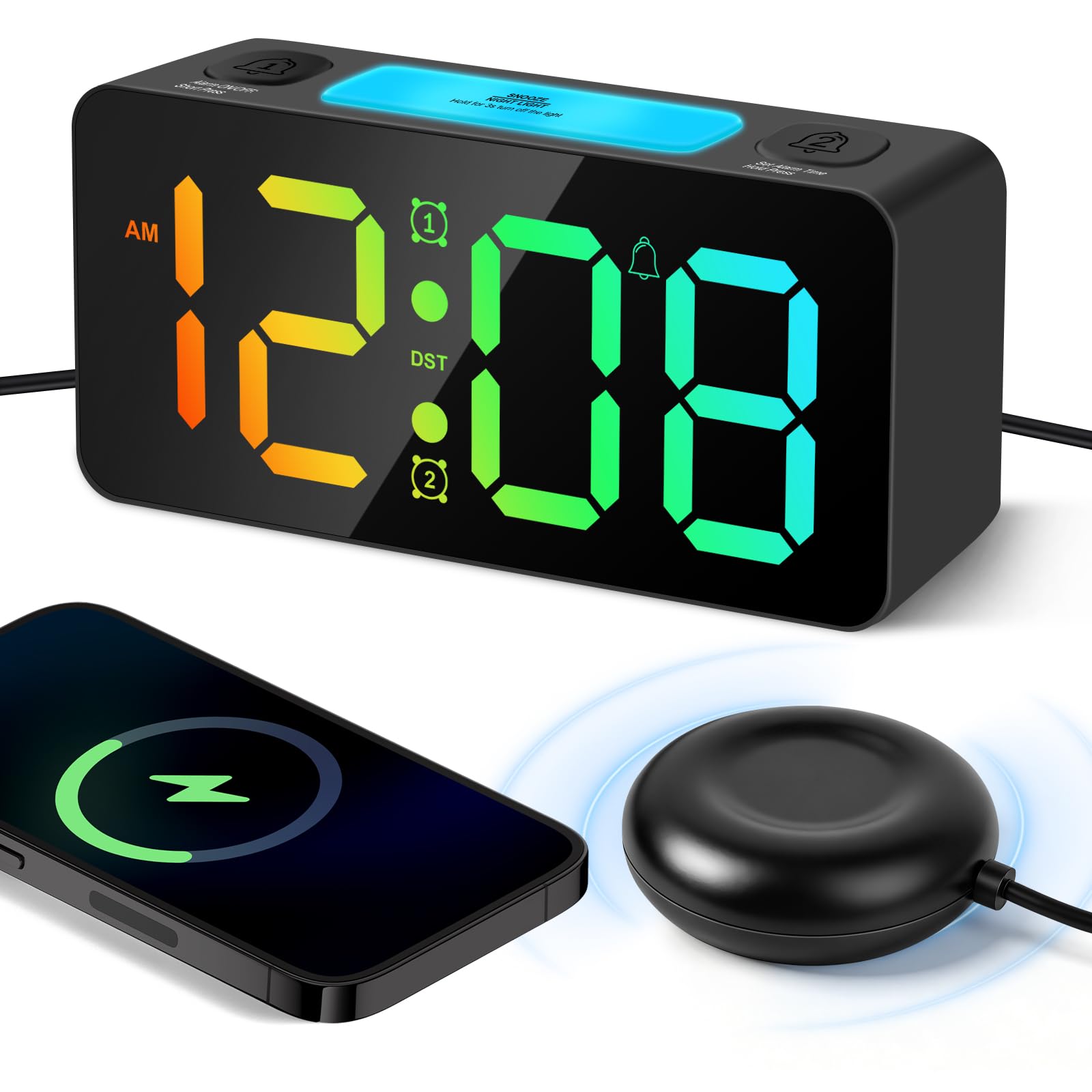Philorn Loud Alarm Clock with Bed Shaker for Heavy Sleepers, RGB Led Display, Dual Alarm, 4 Dimmers, 5 Volumes, Snooze Night Light, 12/24H, Power-Off Memory, Loud Alarm Clock for Deaf People (Black)