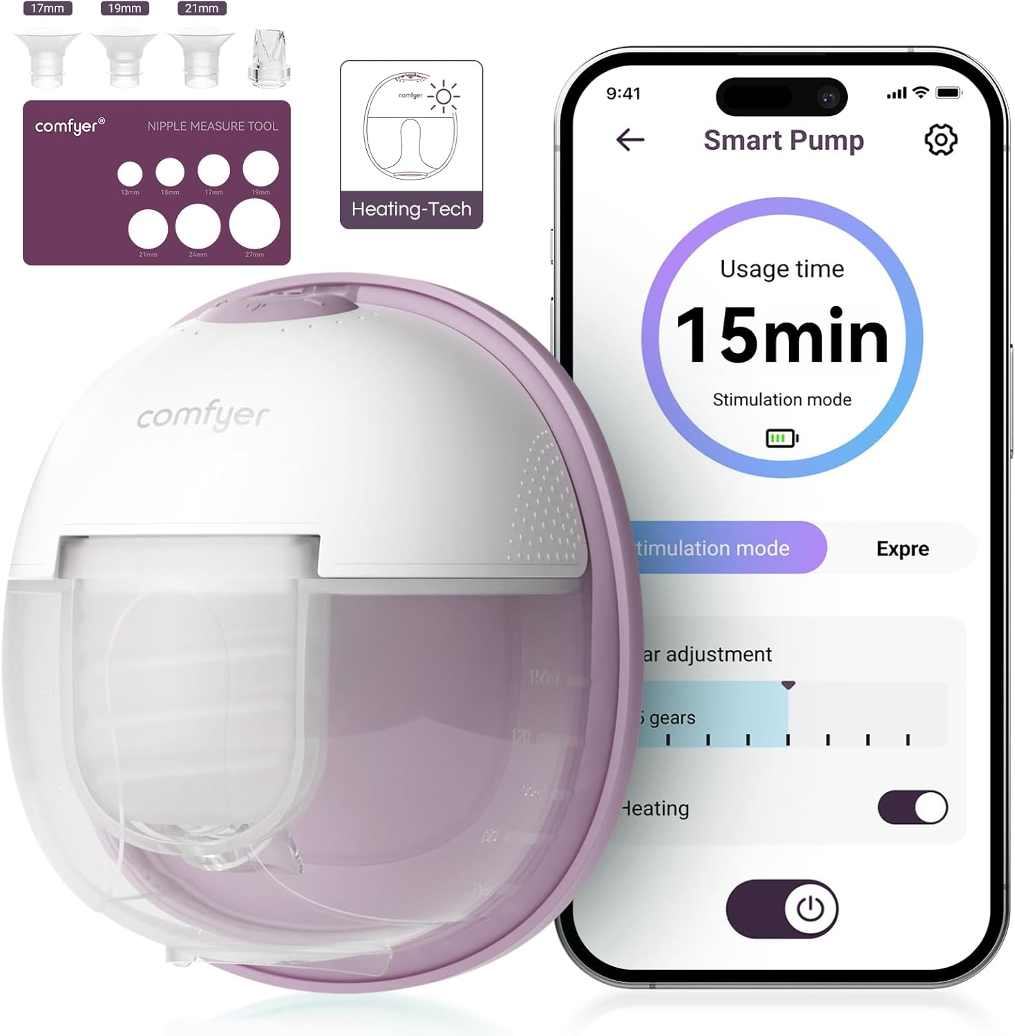 Comfyer Heated Wearable Breast Pump with app interface