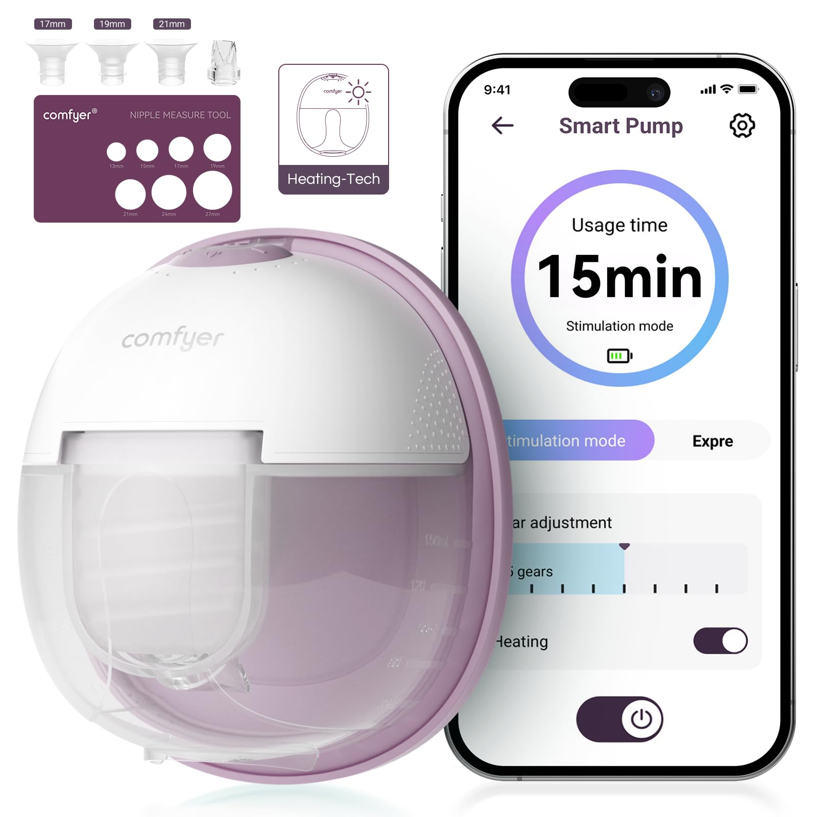 comfyer Tiralatte Elettrico Indossabile Portatile, Leggero Tira Latte Neonati Elettrico, enza BPA, Funzione Memori, 9 Livelli e 3 Modalità,Impacco termico, ricarica magnetica, controllo APP