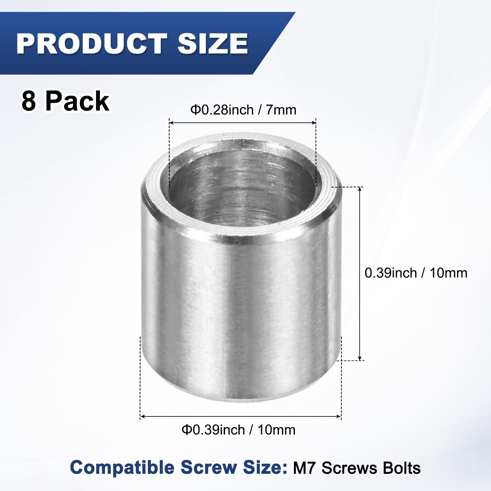 M METERXITY 8PCS M7 304 Stainless Steel Spacers 7mm ID x 10mm OD x 10mm l Metal Screw Standoff Bushing Plain Finish Round Spacer 304 Stainless Steel for Screws Bolts Silver - Image 3