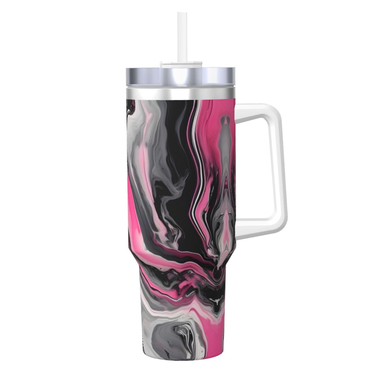 Wasserflasche aus Edelstahl, doppelwandig, isoliert, mit Griff und Strohhalm-Deckel, 1,2 l, Rosa mit abstraktem Marmor-Grau