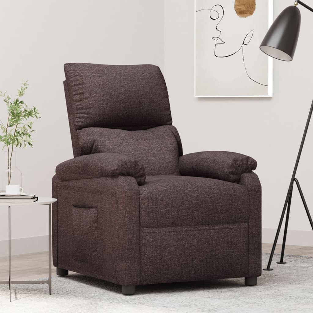 Poltrona relax in tessuto marrone scuro, poltrona TV manuale regolabile con funzione reclinabile e poggiapiedi, comoda poltrona imbottita per soggiorno e home theatre
