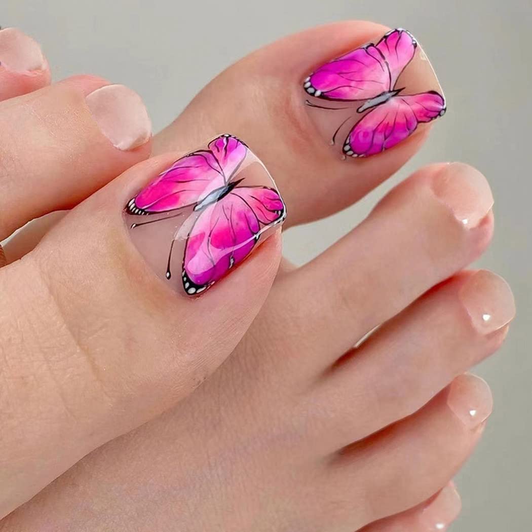 Sethexy Nude color Press on Toe Nails Pink Butterfly Design Acrylic Fake Toenails Glossy Artificial Toenails for Women and Girls 24Pcs (Butterfly)