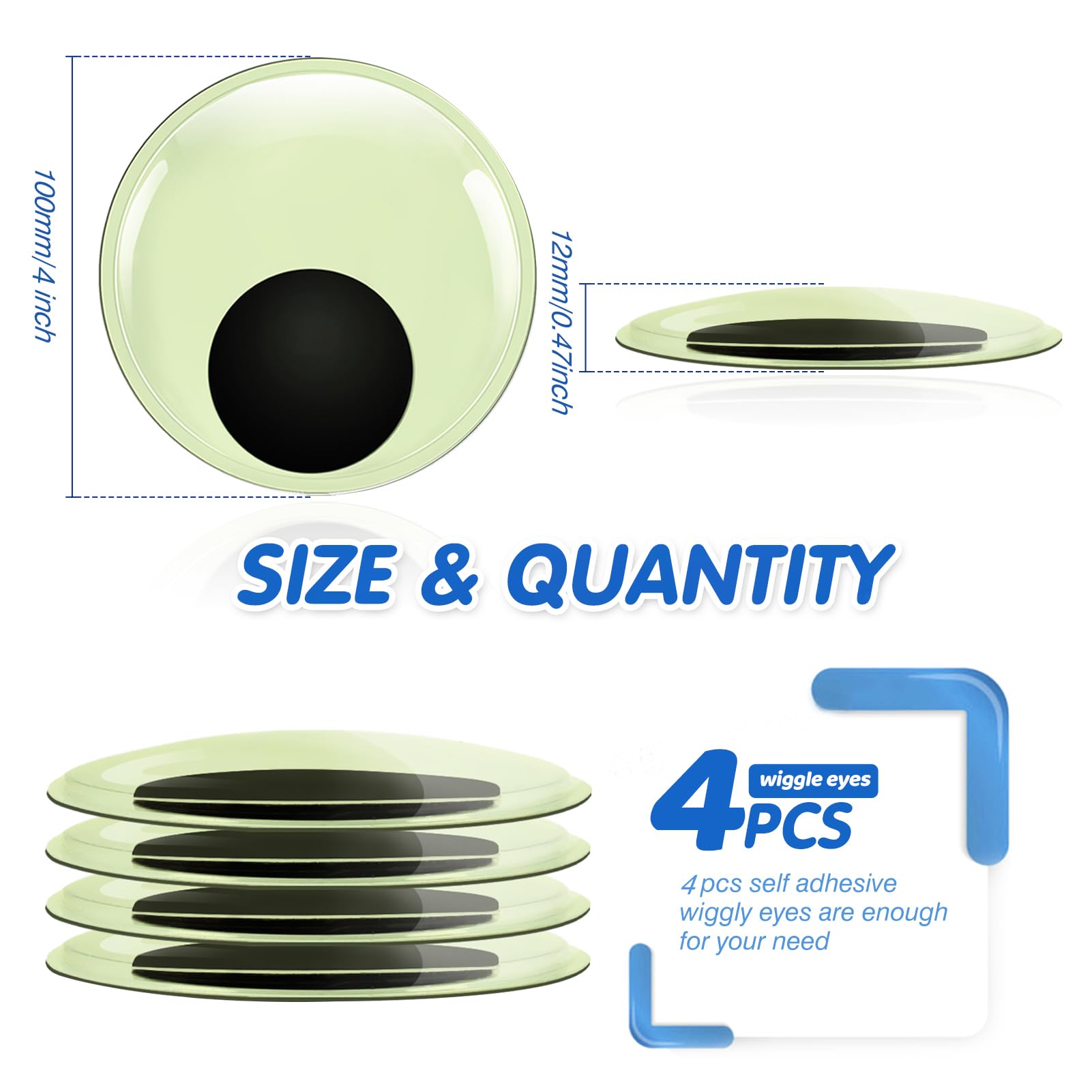 TOAOB 4pcs Giant Googly Wiggle Eyes 4 Inch Large Glow in The Dark Wiggle Eyes with Self Adhesive Craft Sticker Eyes for DIY Crafts Scrapbooking Decoration