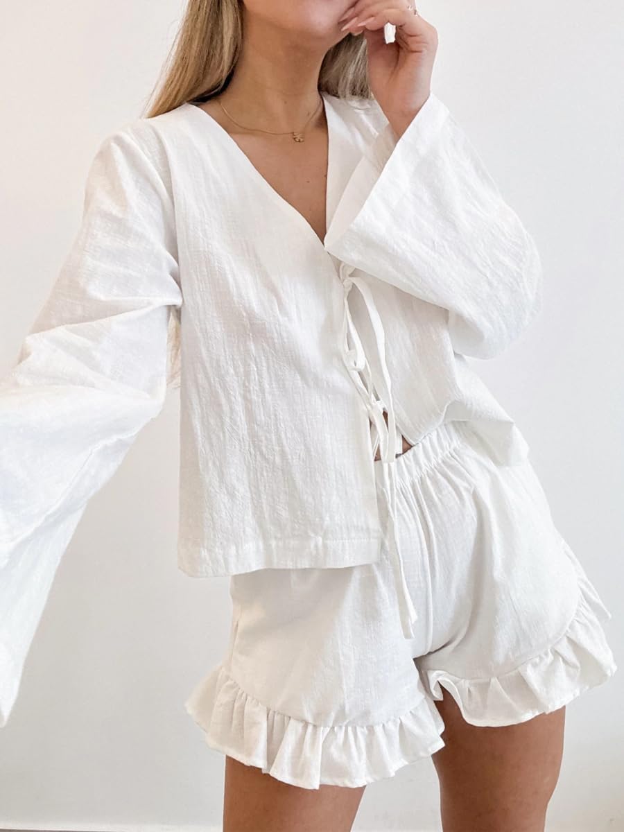 Womens Ruffle Short Sets 2 Piece Outfits Fashion Summer Tie Front Top and Shorts Cotton Pajamas Set - Image 2