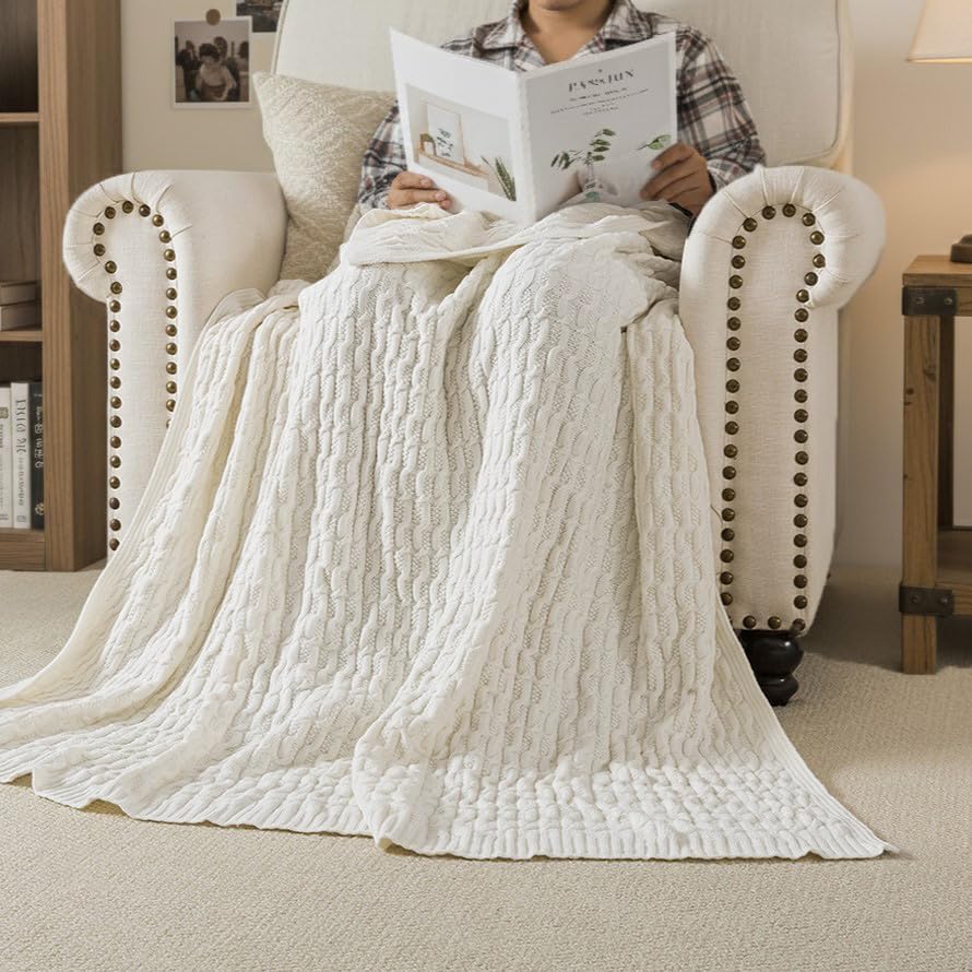 WDCOZY White Cable Knit Throw Blanket – Super Soft, Warm & Lightweight Cream Knitted Jacquard Throw Blanket for Couch, Sofa, Bed, Chair, Cozy Texture Farmhouse Decorative Home Blanket, 50x60 inches - Image 2