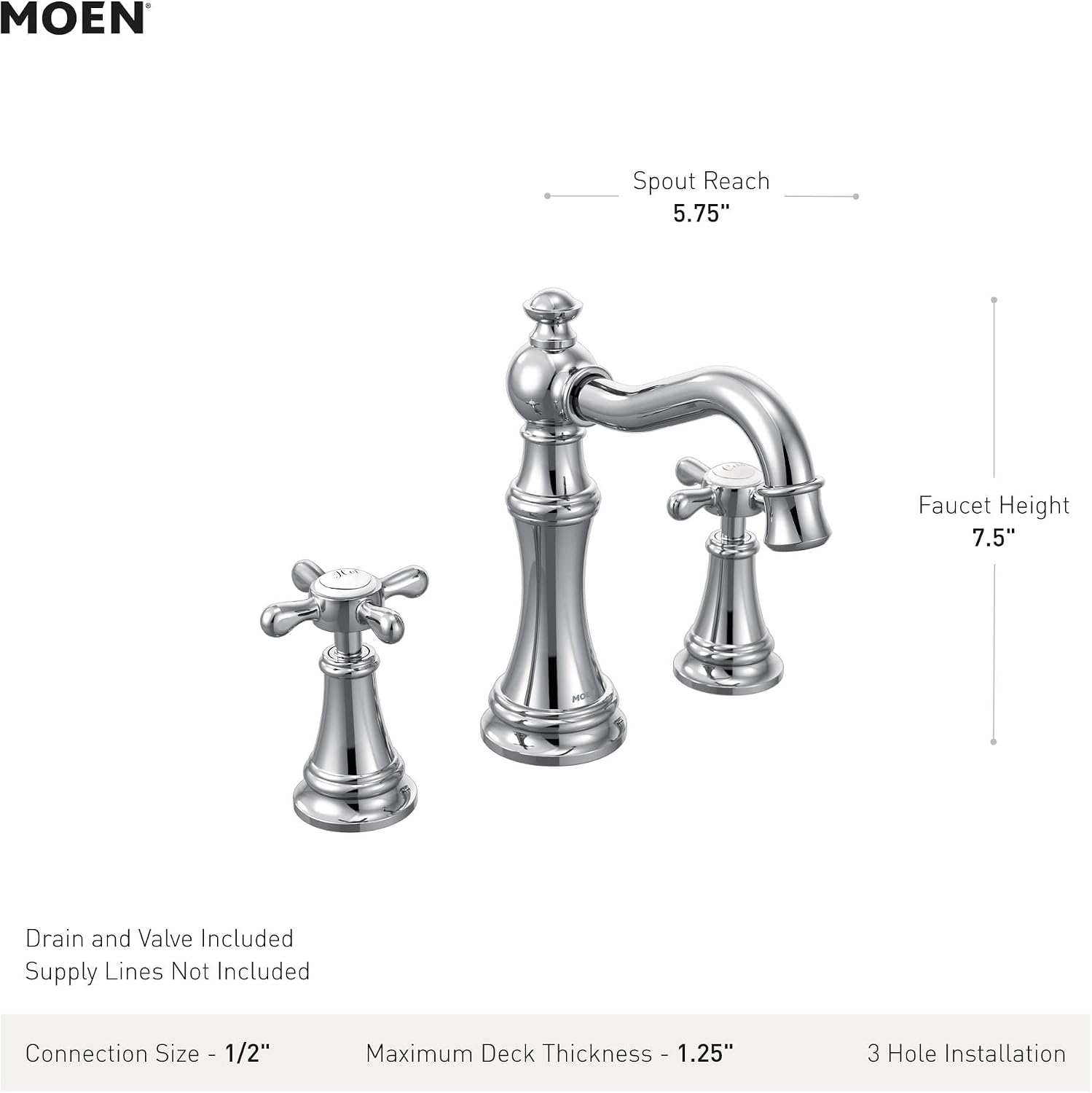 Moen Weymouth Brushed Nickel Two-Handle Widespread Cross Handle Bathroom Faucet Trim Kit, Valve Included, TVS42114BN