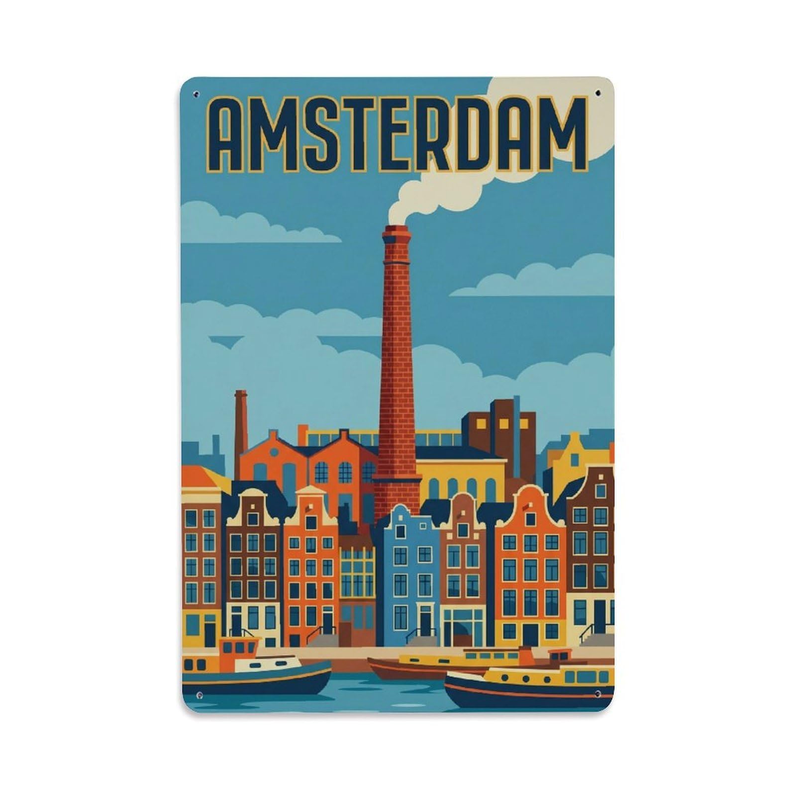 Amsterdam Industrial Waterway Vintage Tourism Canal Metal Tin Sign Plaque Wall Decor for Cafe, Man Cave, Club Bar, Office, Home Garden Round Metal Poster 8x12Inch