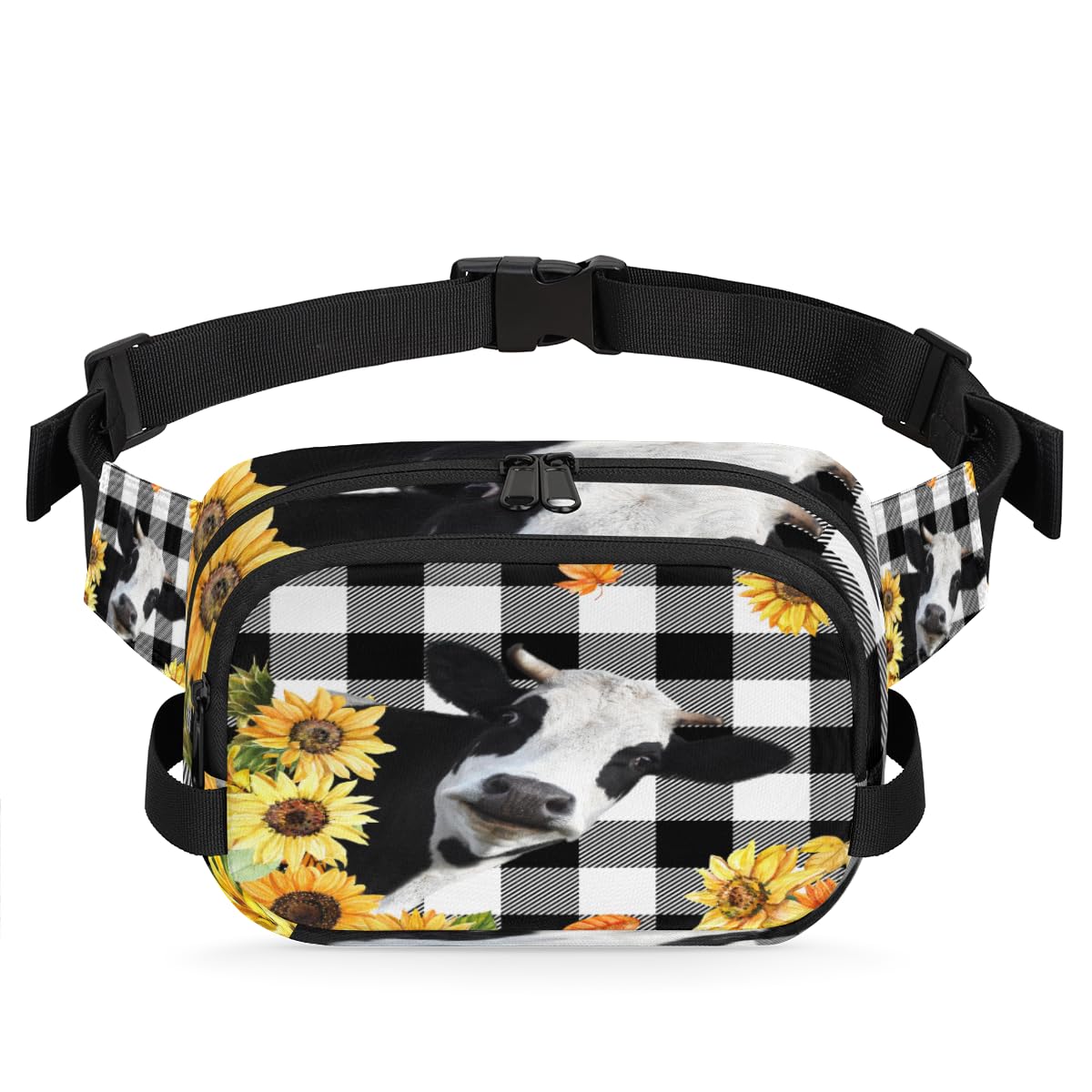 Grid Cow Sunflowers Waterproof Square Fanny Pack with Adjustable Strap Dual Zipper Storage Lightweight Design for Travel Hiking Running Daily Use Unisex Crossbody Waist Bag for Men Women