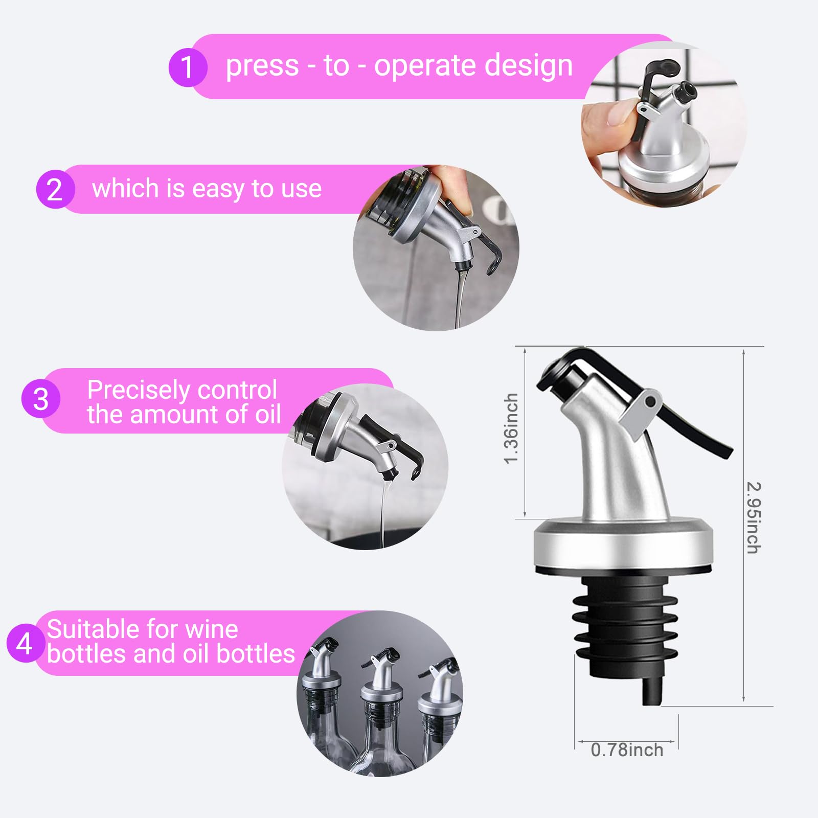 FCAIBEAR 5-Pack Oil Bottle Spouts - Silicone Pourer & Wine Stopper Combo for Olive Oil, Vinegar, Liquor Bottles(Silver)