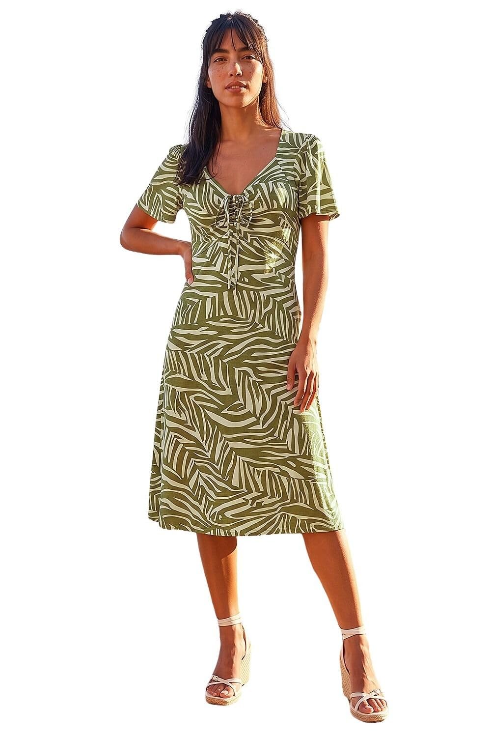 Roman Women's Petite Animal Stretch Gathered Midi Dress in Khaki | Size: 10