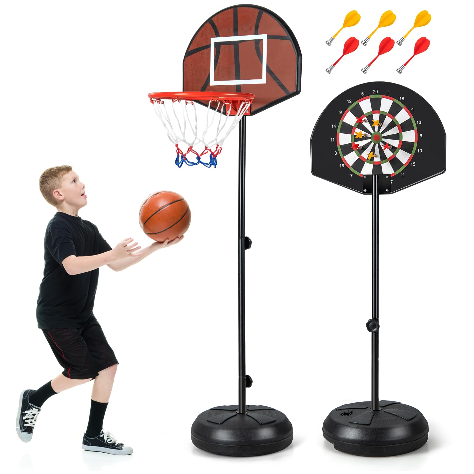 COSTWAY Kinder Basketballkorb mit Dartscheibe, 2 in 1 Basketballständer mit doppelseitigem Rückbrett & 6 Darts, 96-146 cm höhenverstellbar, Basketballkorb mit Ständer für Kinder ab 8 Jahren