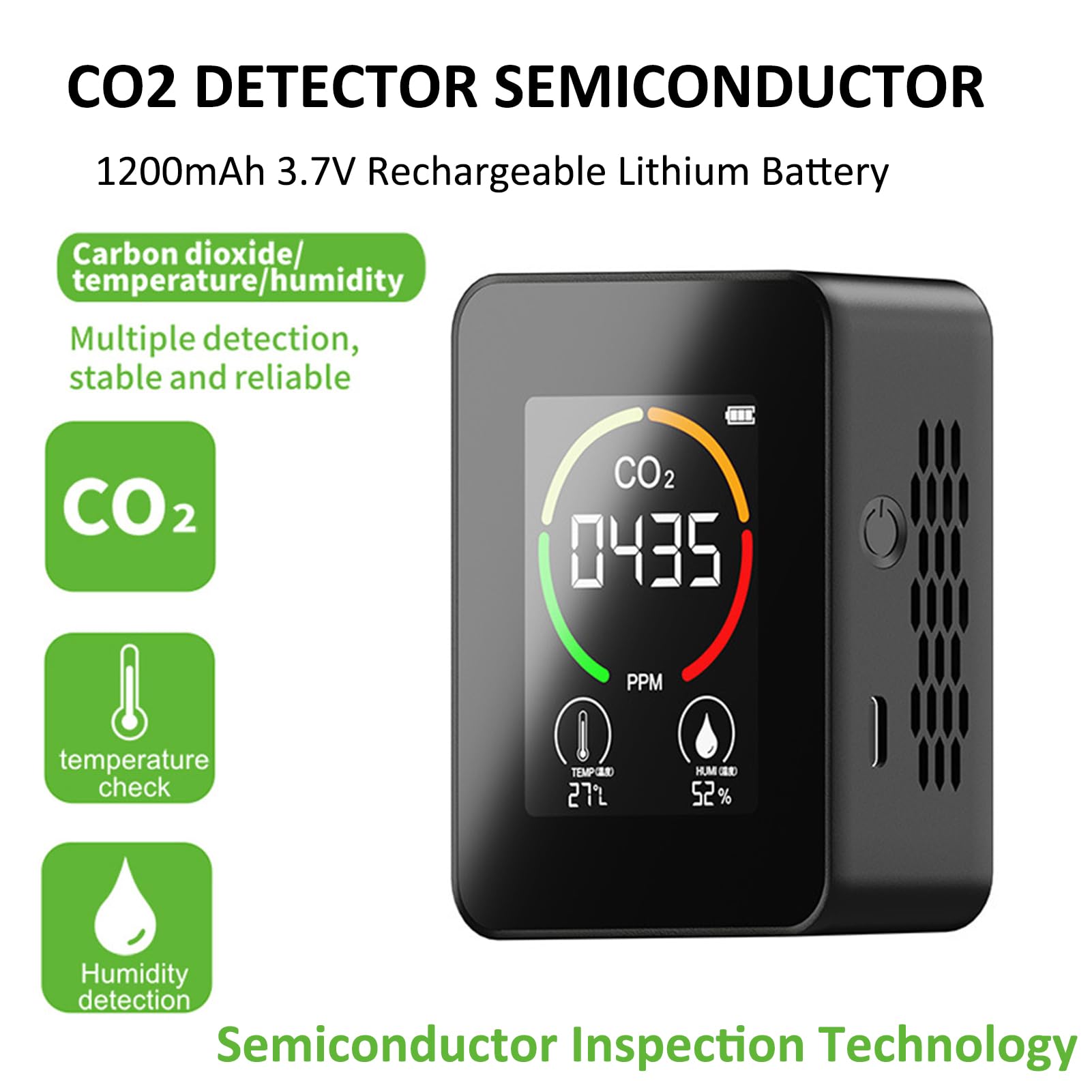 Détecteur de CO2, Capteur de CO2 400~5000PPM avec étalonnage Automatique, Capteur d'humidité de la Température avec Affichage Numérique (Noir)