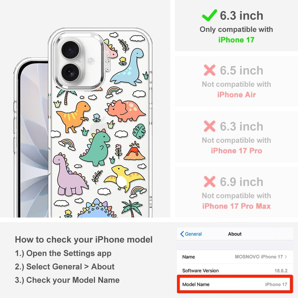 MOSNOVO for iPhone 17 Case | Military Grade 6.6ft Drop Tested | Camera Control | Clear with Dinosaur Land Design - Image 2