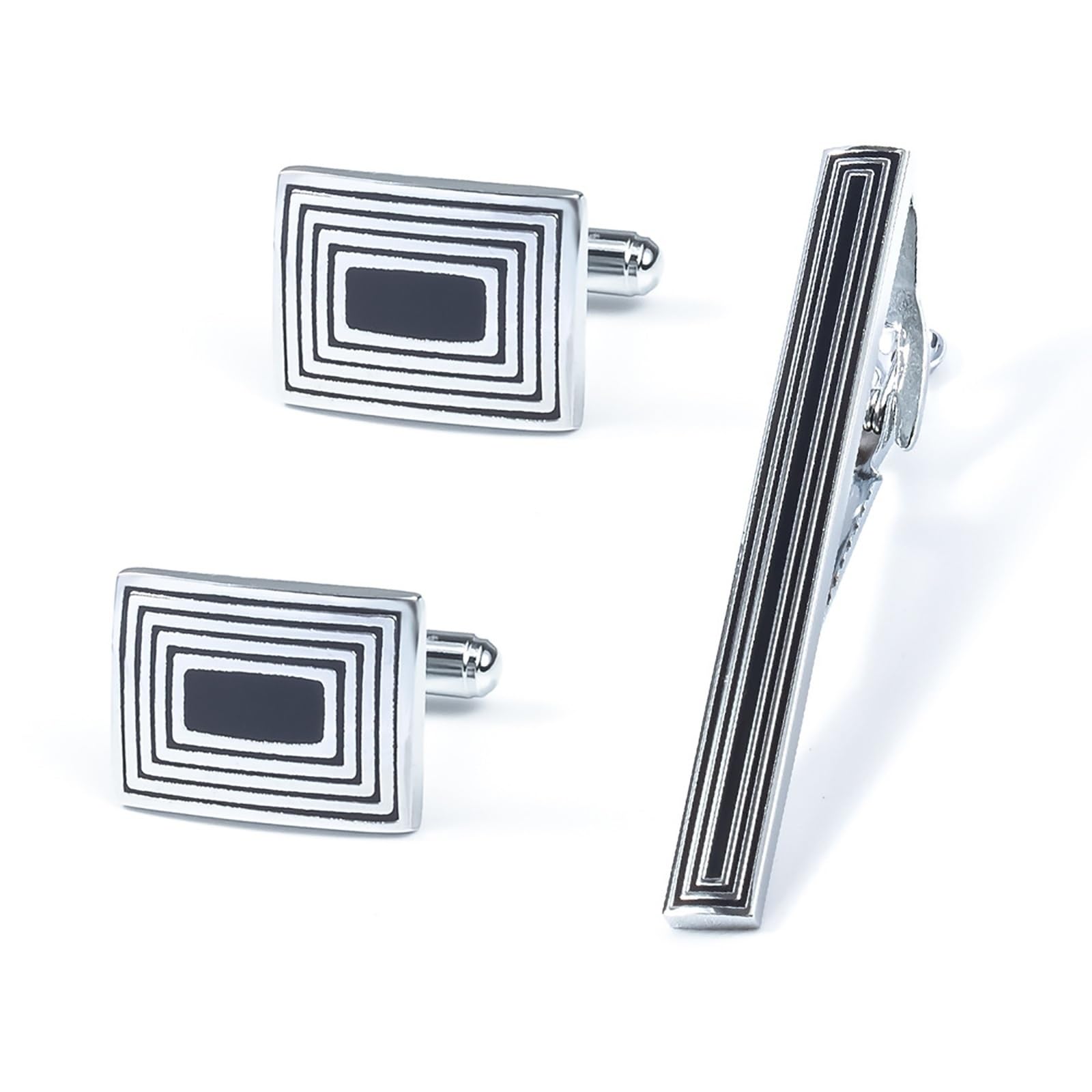 Gemelos y clip de corbata rectangulares de metal para traje de hombre