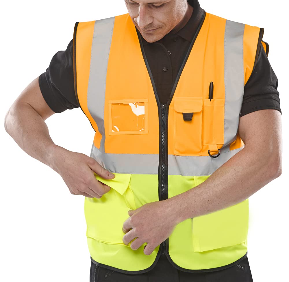 Expert Workwear Hi Vis Viz Vest High Visibility Waistcoat with Phone & ID Pockets Yellow Orange (Small, Orange/Yellow (2 Tone))