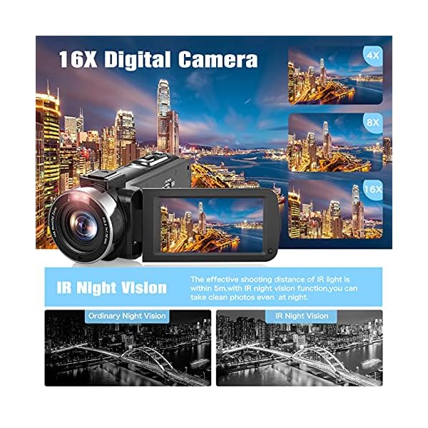Videokamera Camcorder 1080P, Vlogging Kamera Recorder FHD 30FPS 36 MP für YouTube, IR Nachtsicht Camcorder 3.0 '' IPS… – Bild 4