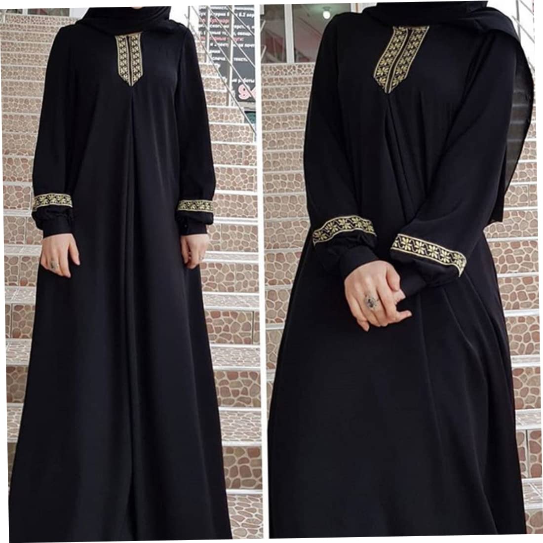 Vestido Musulmán Mujer Túnica Oración Lisa Ropa Islámica Estampada Ramadán Jilbab Negro M