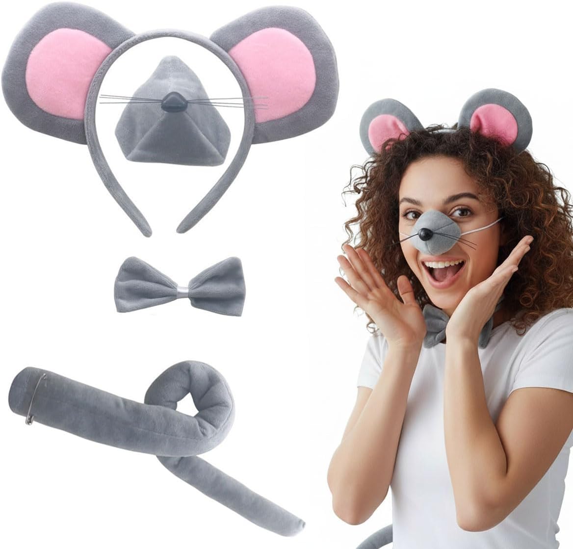 Mouse Ears Headband and Tail Mouse Costume for Halloween Cosplay Costume Party Decoration Grey Bow