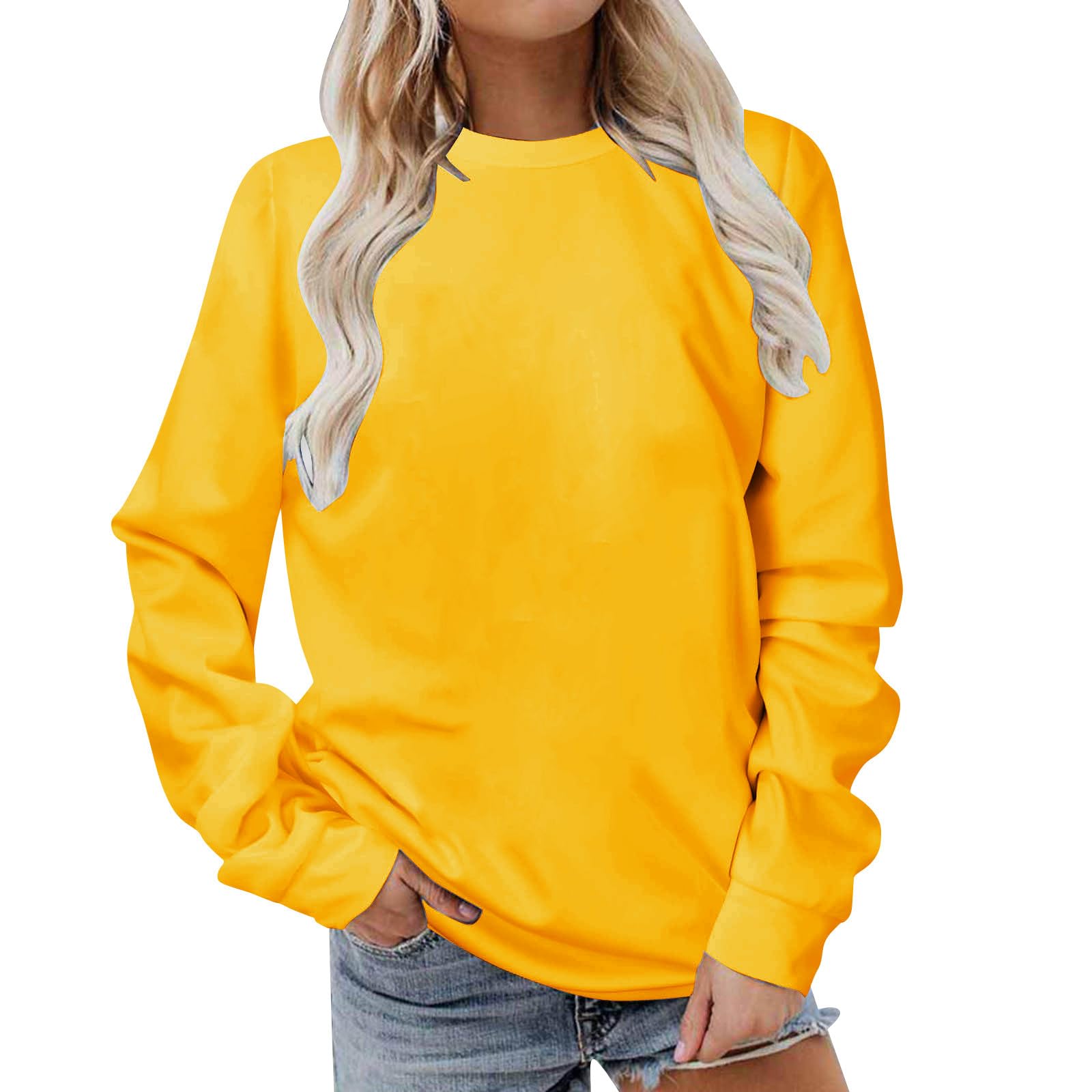 Women Long Sleeve Sweatshirt 2023 Solid Plain Crewneck Pullover Shirts Loose Fit Casual Classic Blouses Fall Fashion Tee Tops