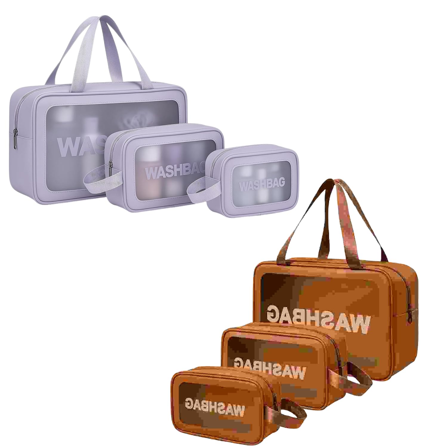 Combo Washbag Toiletry Kit Organizer for Travel - Waterproof Cosmetic & Makeup Pouch(Large, Medium, Small) Transparent Travel Wash Bag for Men & Women (Pack of 2)-Purple-Brown-image-7