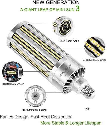 Miniatura 2 de DragonLight Bombilla LED de maíz de grado comercial de 240 W sin ventilador (reemplazo de 1000 vatios MHHPS) E39 lámpara LED de base de Mogul grande