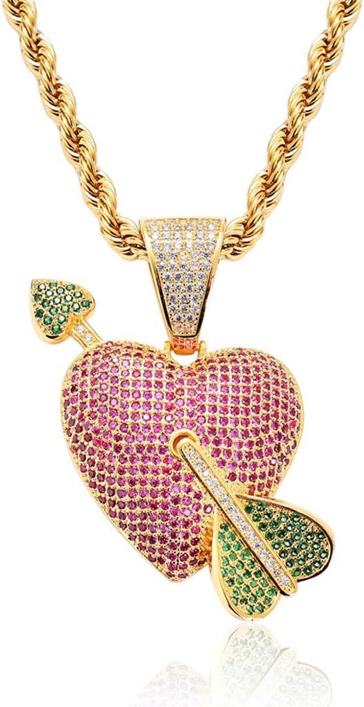 LC8 Jewelry Unisex Exquisite Bubble Arrow of Cupid Heart Pendant Hip Hop Iced Out Rhinestone Crystal Necklace 18K Gold Plated with 24” Stainless Rope Chain for Men Women