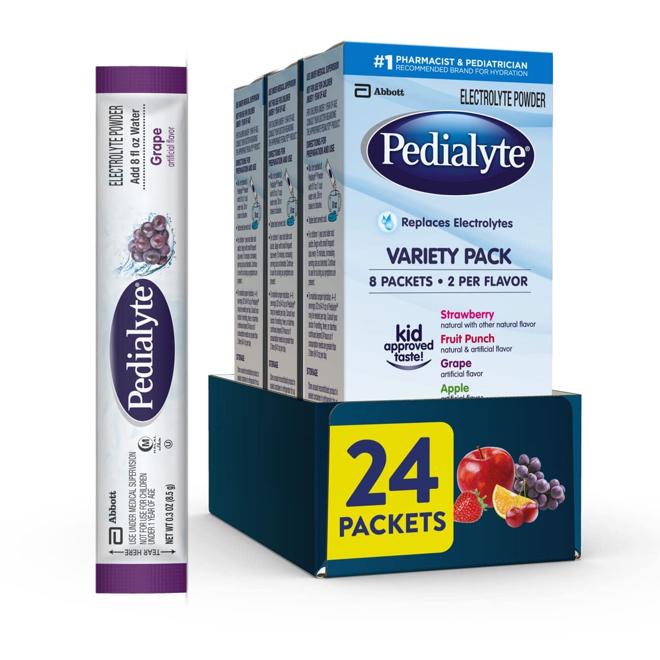 Pedialyte Electrolyte Powder Hydration Drink for Kids Adults Variety Pack Strawberry Fruit Punch Grape and Apple 24 Powder