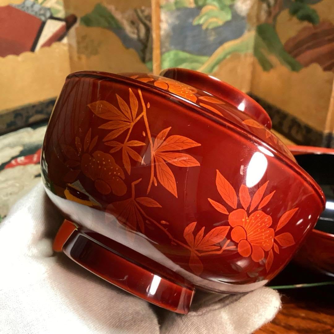 A893 木製輪島塗 白檀塗 山吹蒔絵 『千舟堂』 吸い物椀 煮物椀 5客