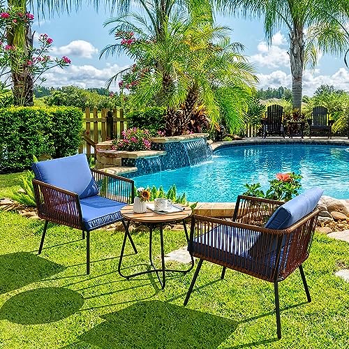 Image of BRISHI Garden Patio Seating Chair and Table Set Outdoor Balcony Garden Coffee Table Set Furniture with 1 Table and 2 Chairs Set with Cushion Braid & Rope (Brown /Blue)