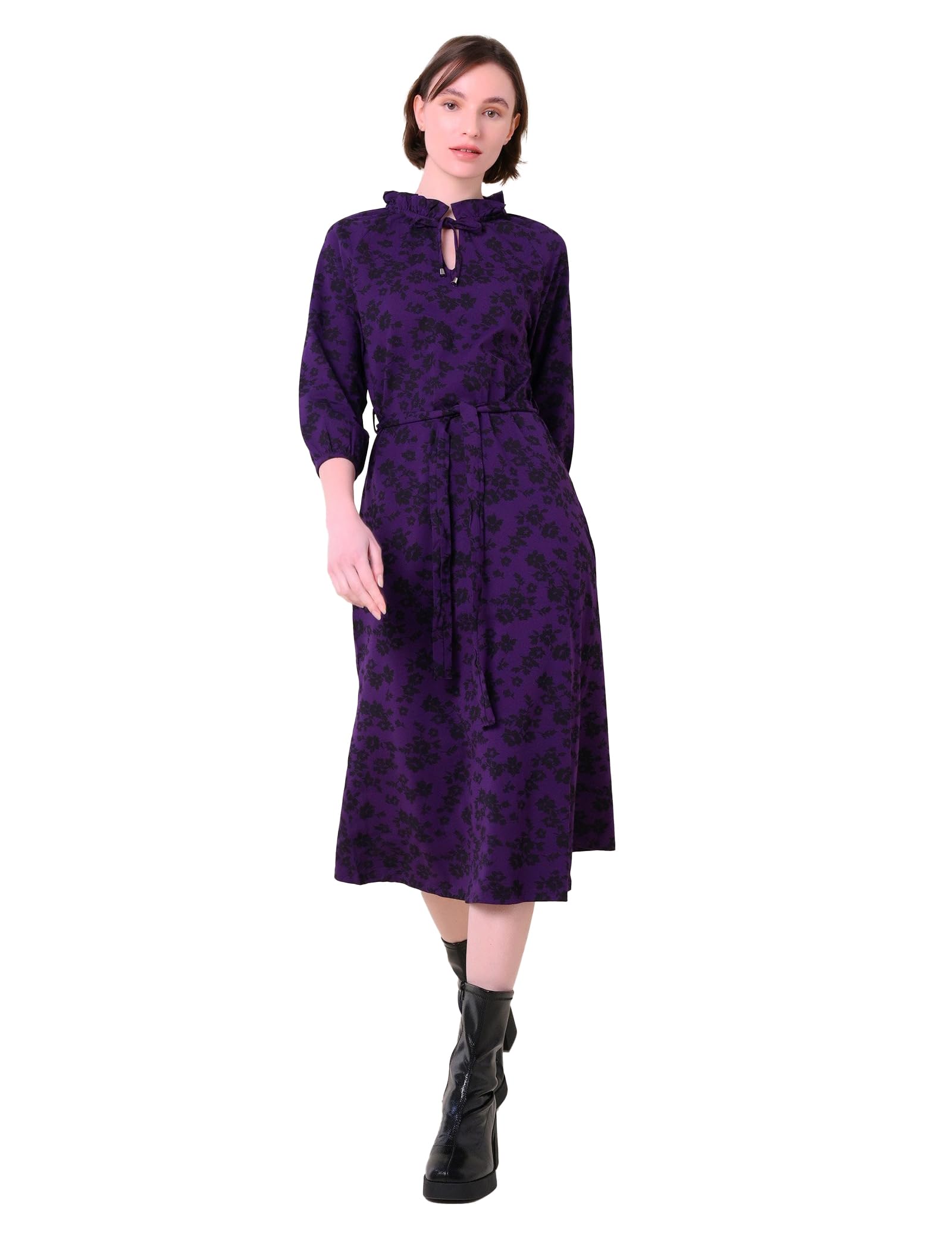 Enorsia Women's Purple Tie Frill Neck Printed Midi Dress - Uk 16