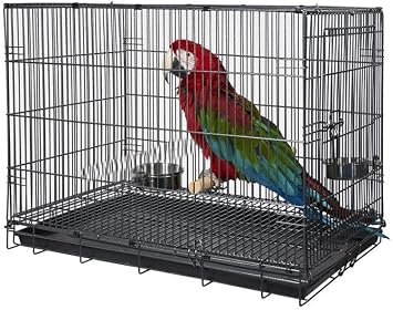Large Travel Vet Portable Bird Parrot Metal Cage Carrier Easy Foldable with Stainless Feeder Bowls and Natural Wooden Stand Perch Easy Clean Pull Out Grate and Tray