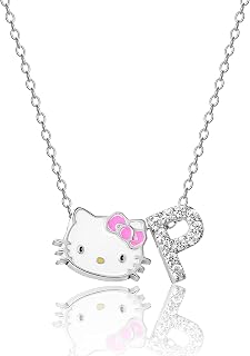 Sanrio Hello Kitty Womens Sterling Silver Letter Necklace - Enamel and Cubic Zirconia Initial Necklace Officially Licensed