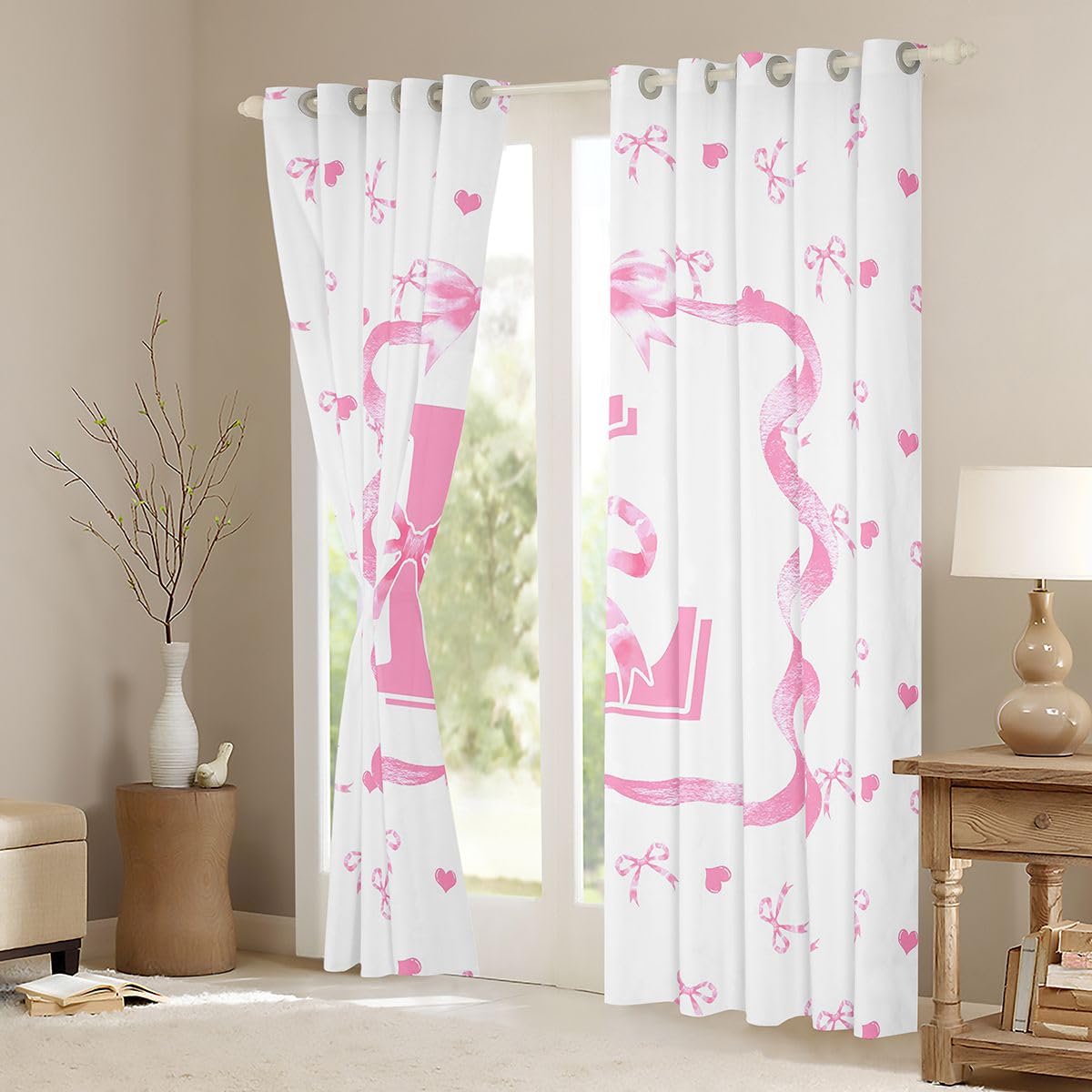 Homewish Spersonalizowane różowe zasłony okienne z kokardą 132 x 160 cm, 2 zestawy paneli - inicjał L muszka zasłony zaciemniające różowe i białe kokardki węzeł zasłony okienne urocze preppy modne do