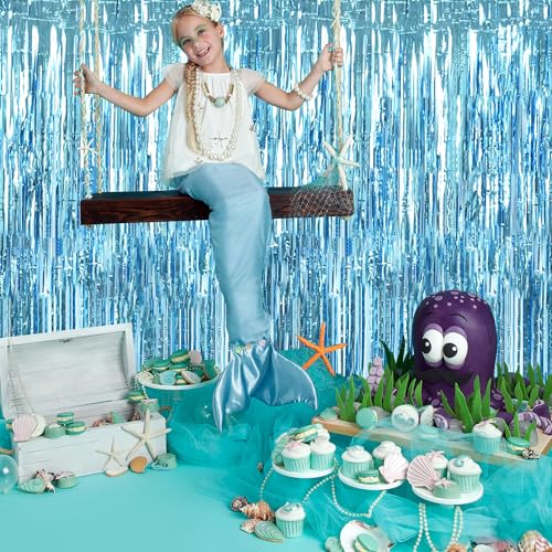 Image of TONIFUL 3Pcs Light Blue Door Streamers,Light Blue Photo Booth Backdrop Metallic Streamers Foil Fringe Curtains for Birthday,Christmas,New Year,Bachelorette,Grad Party Streamers Decor(9.9ft x 6.6ft)