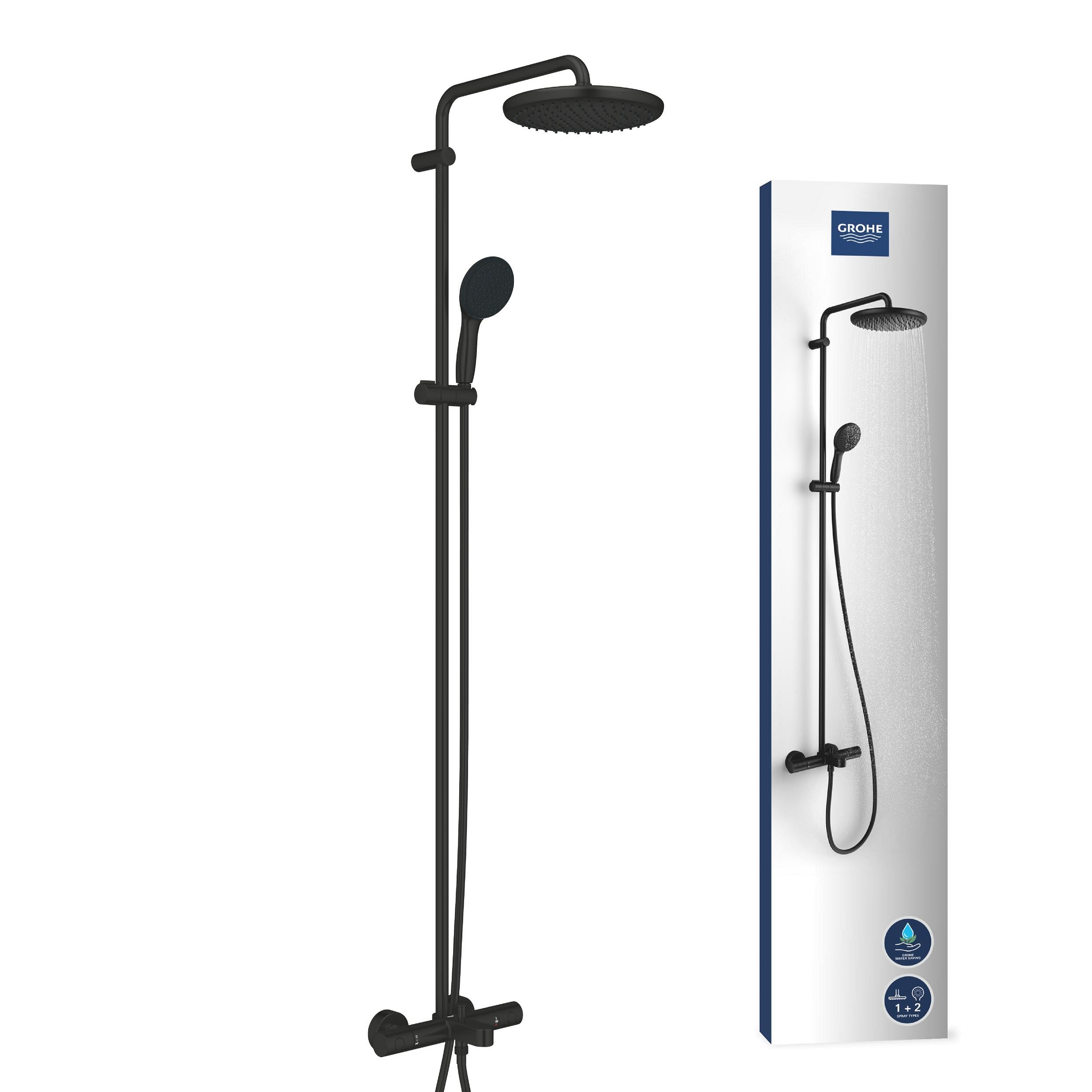Grohe Matte Black Vitalio Start 250 - Bath Thermostatic Shower System With Aquadimmer (Round 25Cm Head Shower Rain Spray And 11Cm Hand Shower 2 Sprays: Rain & Jet, Hose 1.75M, Water Saving), Matt Black, 269882431