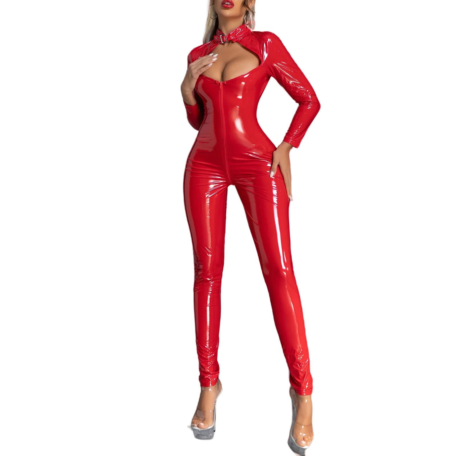 Combinaison pour femme effet mouillé en cuir verni fermeture éclair manches longues sexy cosplay catwoman