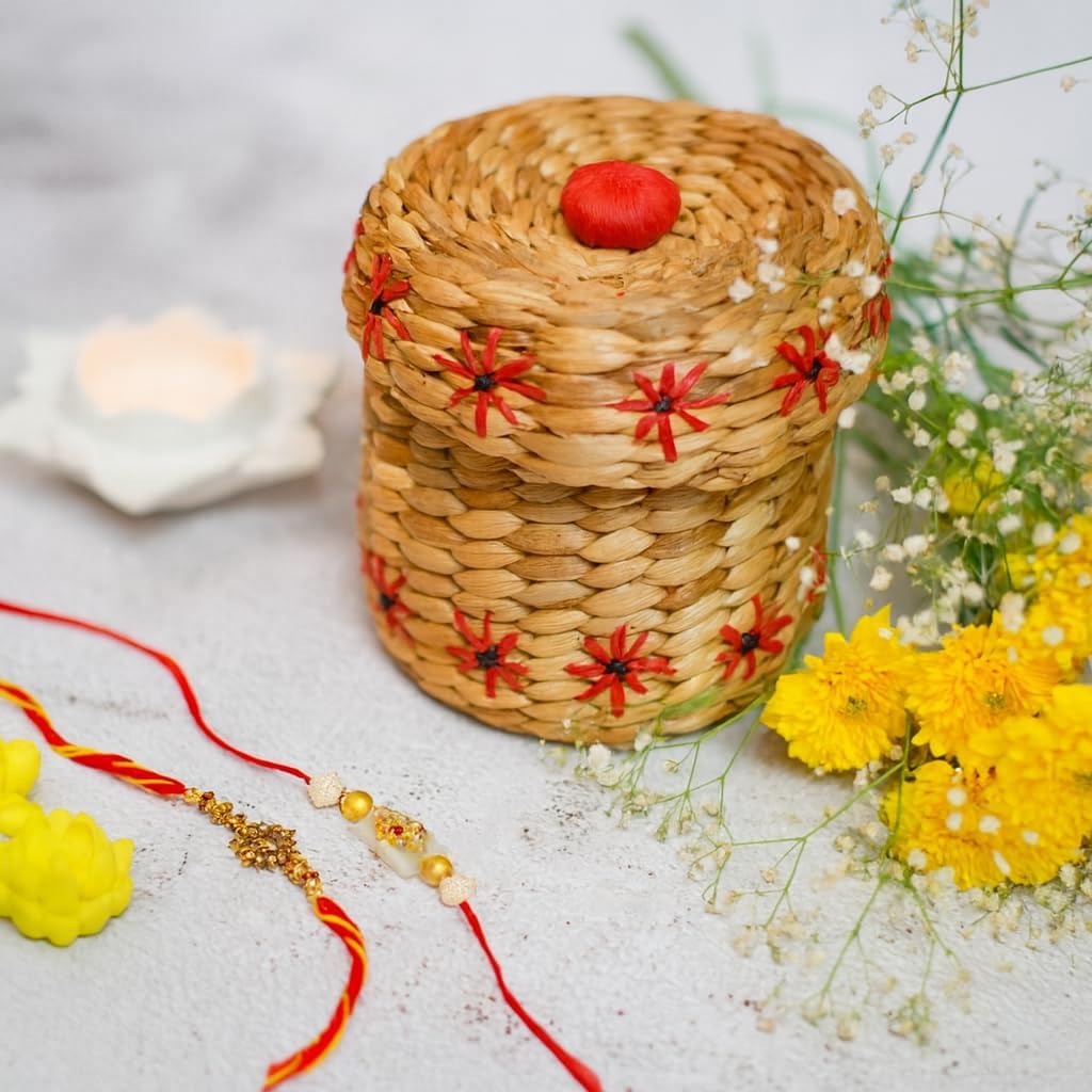 Tatsya Handwoven Water Hyacinth Grass Blossom Knot Box with Floral Embroidery, 4.5x4 inch, Natural, Eco-Friendly Decorative Container for Jewelry, Gifts