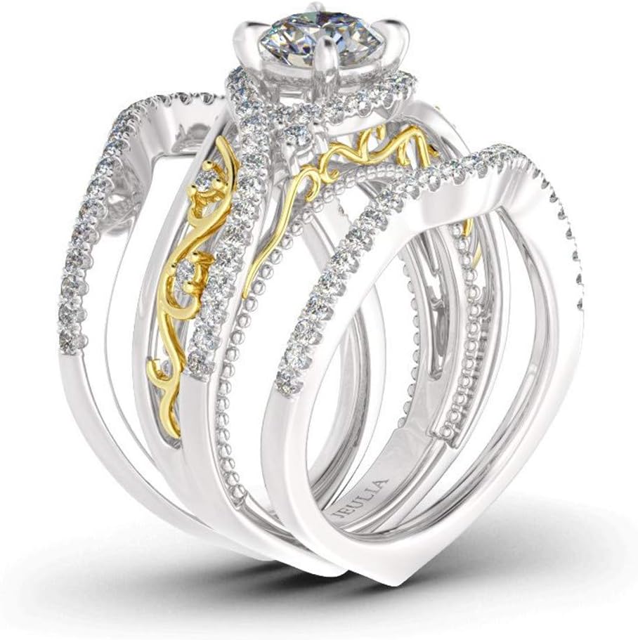 Jeulia 2 Carat Round Cut Sterling Silver Wedding Ring for Women18 K Gold Plated Wedding Ring Sets CZ Solitaire Engagement Rings Anniversary Promise Romantic Gift