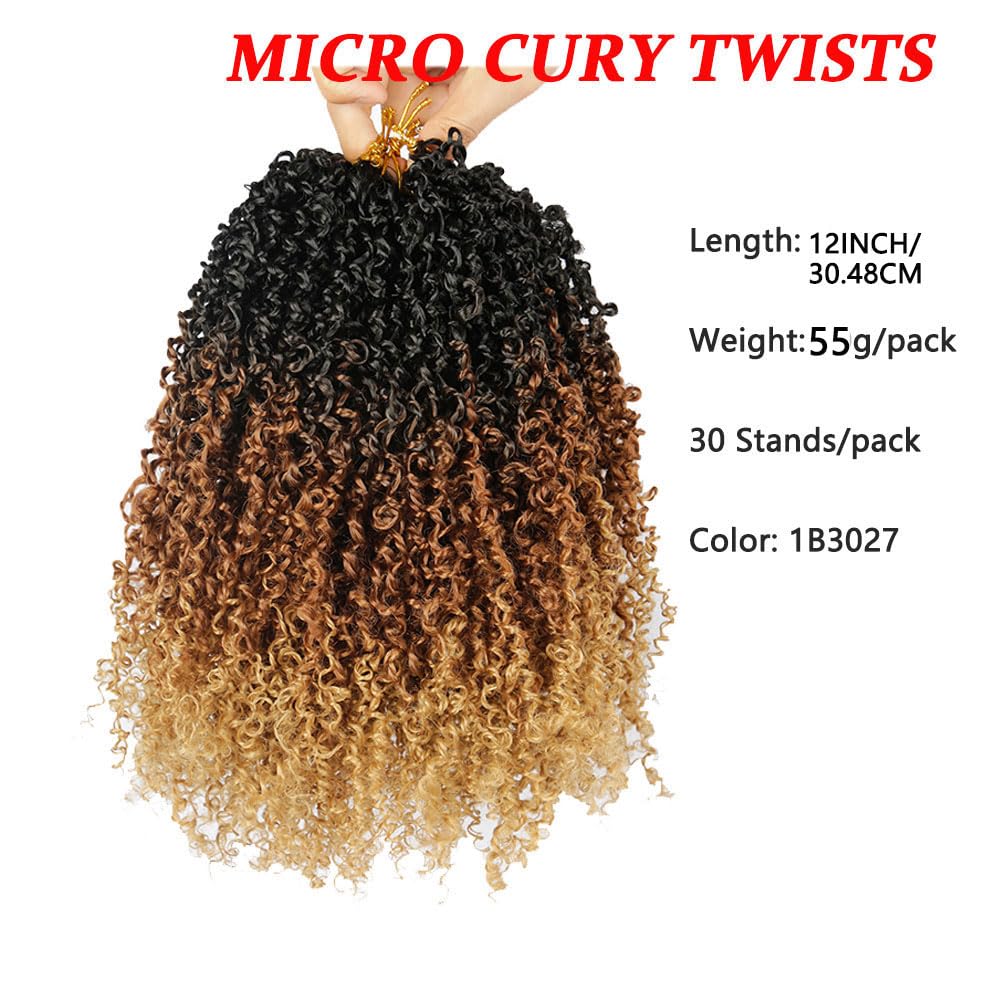 Yanky Twist Crochet Hair for Black Women - 12 Inch 8 Packs (30 Strands) Pre-Looped Synthetic Braiding Hair, Fluffy Spring Mini Twist Passion Twist 1B/30/27 Natural Synthetic Hair with Curly Ends