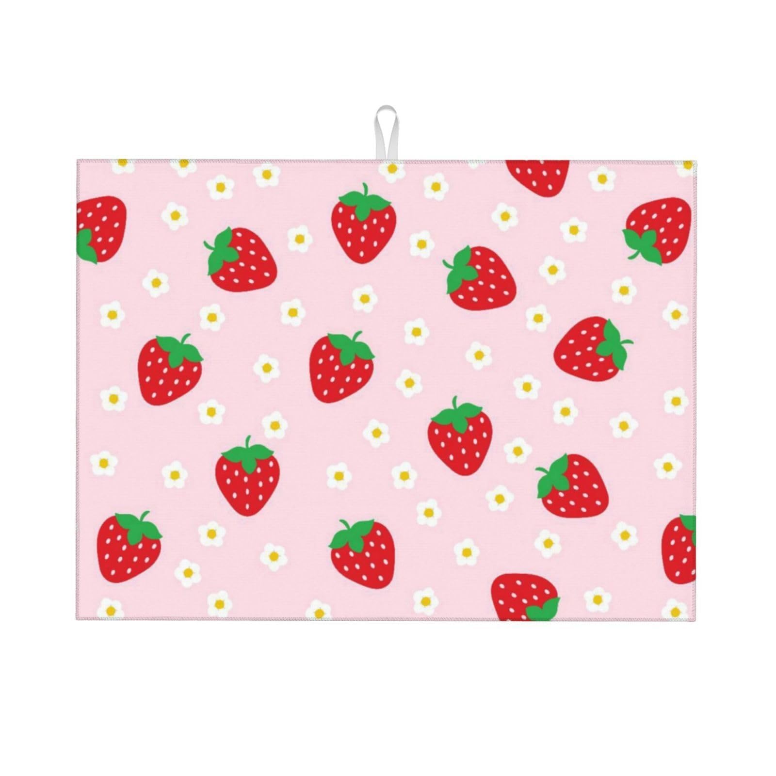 Strawberry Dish Drying Mat for Kitchen Counter Absorbent Microfiber Large Cute Pink Fruit Dish Drying Pad Kitchen Decor Washable Coffee Mats Accessories 45x60CM