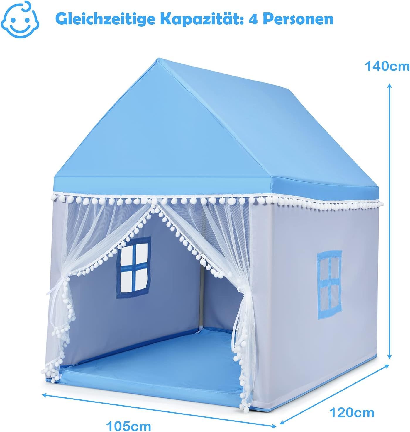 RELAX4LIFE Kinderspielzelt für Jungen & Mädchen, Spielhaus Prinzessin Prinzess, Kinderzelt mit Fenster & Matte, Spielzelt Kinder, für Indoor & Outdoor, 105 x 120 x 140 cm, Geschenk für Kinder (Blau)