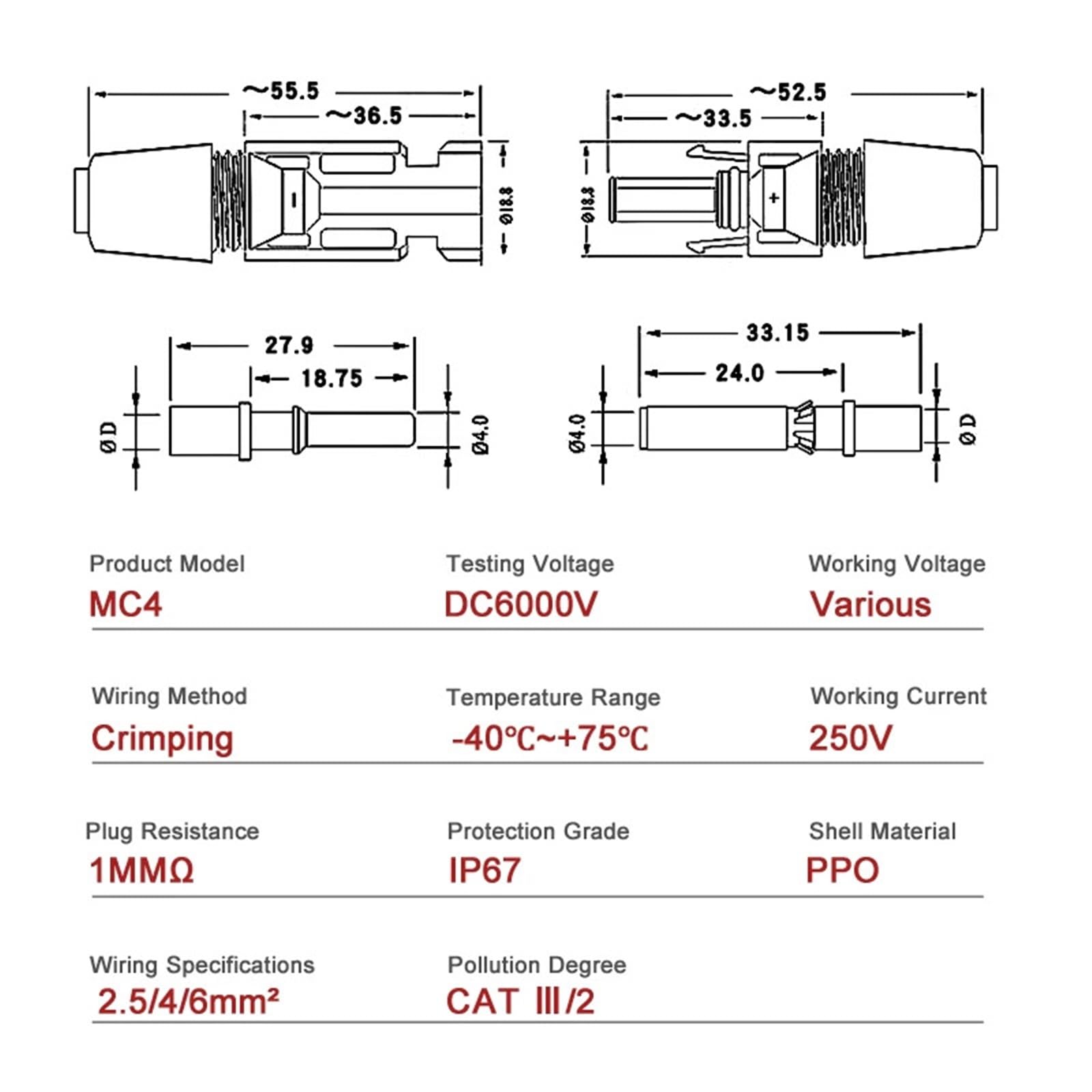Zestaw złączy solarnych 1000 V 30 A Złącza do paneli fotowoltaicznych do kabla 2,5/4/6 mm²(40pcs(20pairs))