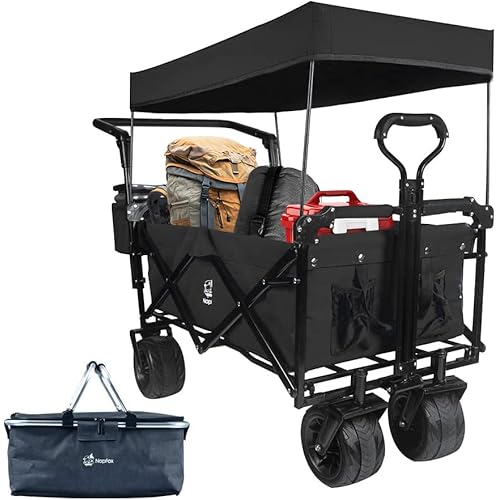 All Terrain Collapsible Wagon Cart with Big Wheels, 350 Pound Capacity Heavy Duty Enlarged Utility Folding Beach Garden Wagon Cart with Brake & Cooler Bag for Outdoor Camping Shopping